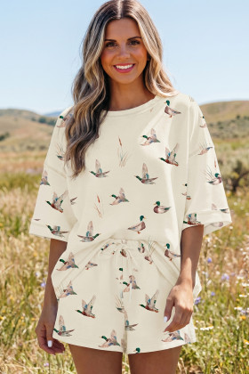Beige Mallard Duck Print Oversized Tee Drawstring Short Set