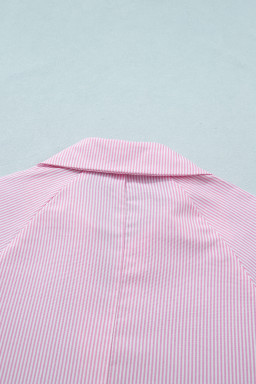 Pink Striped Print Collared Split Neck Half Sleeve Blouse