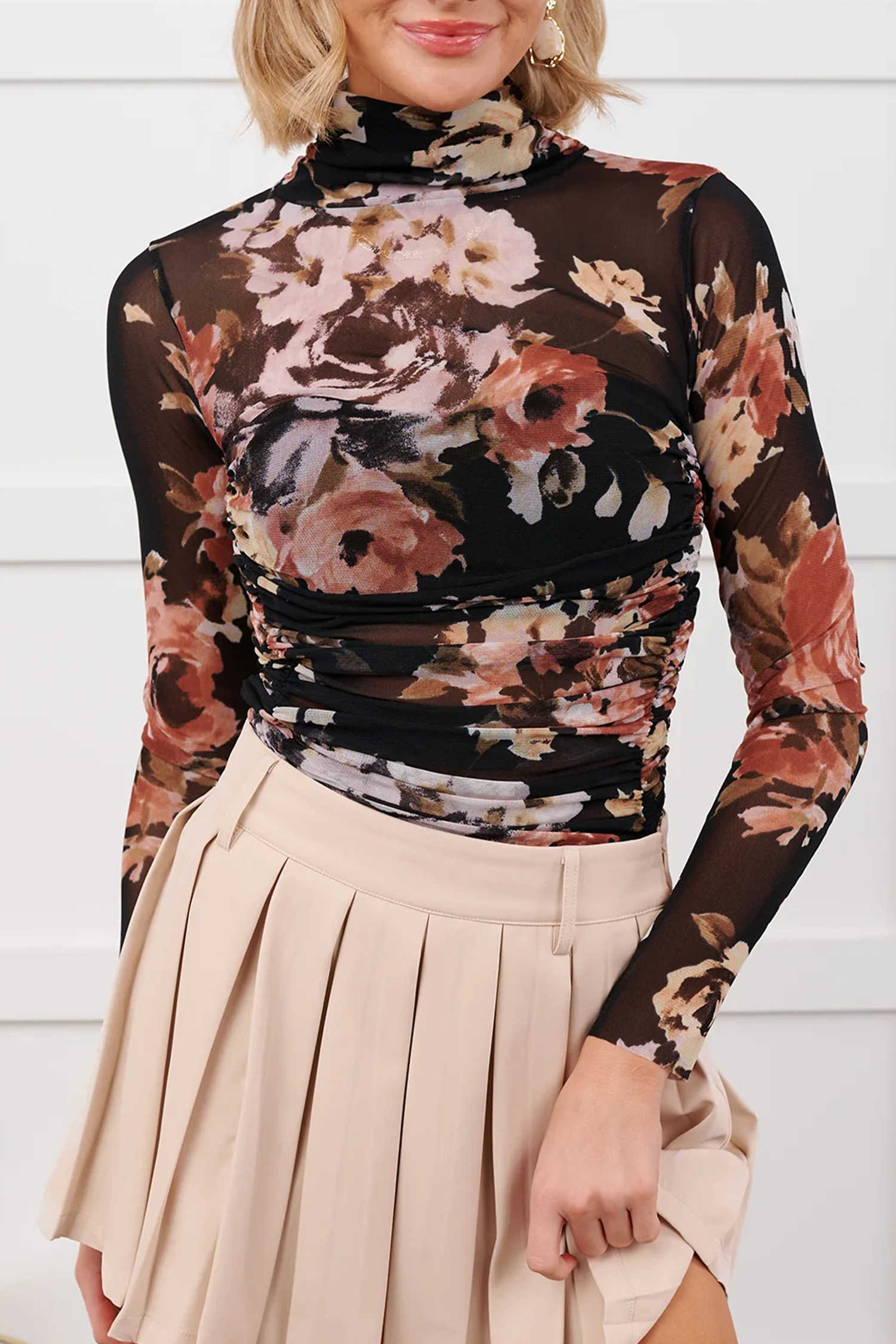 Brown Heartfelt Glance Floral Mesh Bodysuit