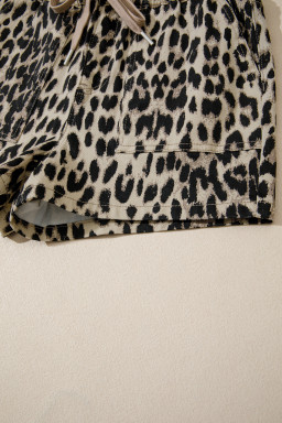 Brown Retro Leopard Print Lace-up Elastic Waistband Mid Rise Denim Shorts