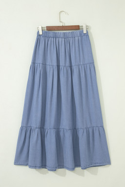 Beau Blue Elastic Waist Ruffled Tiered Flared Denim Maxi Skirt
