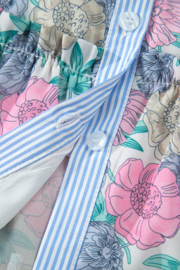 White Floral Print Striped Contrast Trim Belted Short Dress
