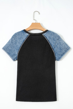 Carbon Grey Waffle Knit Seam Detail Color Block Patchwork Short Sleeve Top