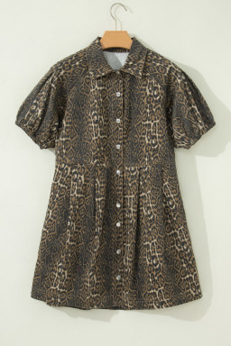Gray Leopard Print Short Sleeve Pleated Denim Mini Dress