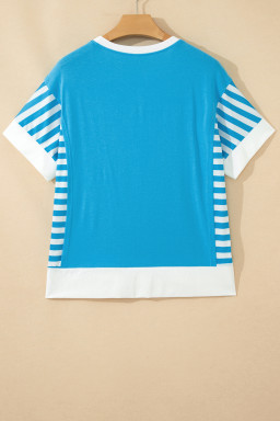 Light Blue Flag Print Patchwork Colorblock July 4th T Shirt