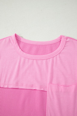 Pink Solid Color Raw Seam Waffled Patchwork Casual T Shirt