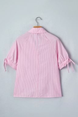 Pink Striped Print Collared Split Neck Half Sleeve Blouse