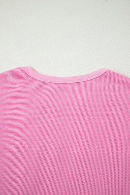 Pink Solid Color Raw Seam Waffled Patchwork Casual T Shirt
