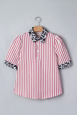 Red Stripe Leopard Contrast Trim Half Button Blouse