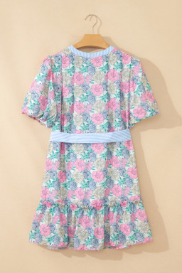 White Floral Print Striped Contrast Trim Belted Short Dress
