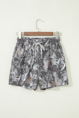 Gray Abstract Maple Leaf Printed Tie Elastic Waist Shorts