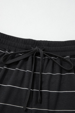 Black Stripe Half Sleeve Tee Drawstring Shorts 2pcs Set