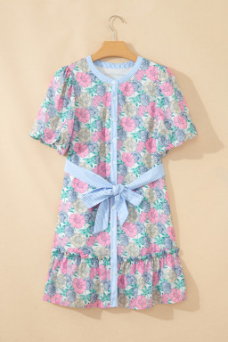 White Floral Print Striped Contrast Trim Belted Short Dress