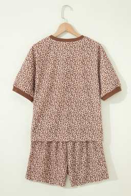 Brown Leopard Print Ribbed Patchwork Half Button Loose Tee Elastic Waist Short 2pcs Set