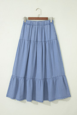 Beau Blue Elastic Waist Ruffled Tiered Flared Denim Maxi Skirt