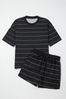 Black Stripe Half Sleeve Tee Drawstring Shorts 2pcs Set