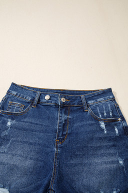 Sail Blue Asymmetric Raw Hem Distressed Whiskery Denim Shorts