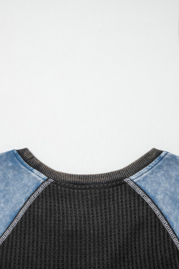 Carbon Grey Waffle Knit Seam Detail Color Block Patchwork Short Sleeve Top