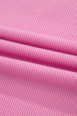 Pink Solid Color Raw Seam Waffled Patchwork Casual T Shirt