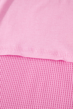 Pink Solid Color Raw Seam Waffled Patchwork Casual T Shirt