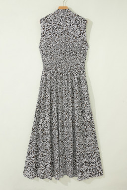 Beige Leopard Zip Front V Neck Cinched Waist Sleeveless Maxi Dress