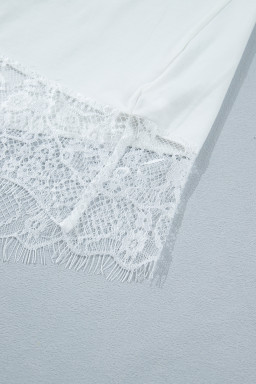 White Asymmetric Lace Hem Patchwork Tee