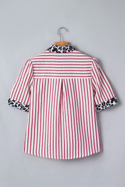 Red Stripe Leopard Contrast Trim Half Button Blouse