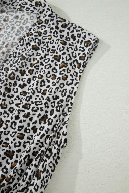 Beige Leopard Zip Front V Neck Cinched Waist Sleeveless Maxi Dress