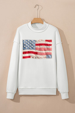 White Faux Patchwork Print USA Flag Double Side Printed Reversible Sweatshirt