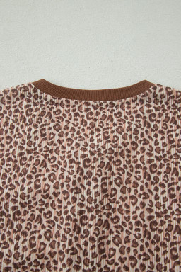 Brown Leopard Print Ribbed Patchwork Half Button Loose Tee Elastic Waist Short 2pcs Set
