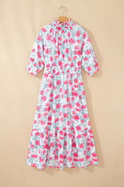Red Elegant Floral Puff Sleeve Midi Dress