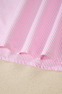 Pink Striped Print Collared Split Neck Half Sleeve Blouse