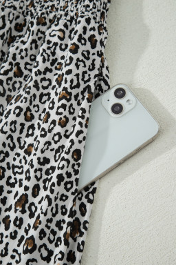 Beige Leopard Zip Front V Neck Cinched Waist Sleeveless Maxi Dress