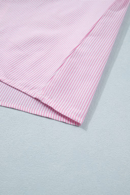 Pink Striped Print Collared Split Neck Half Sleeve Blouse