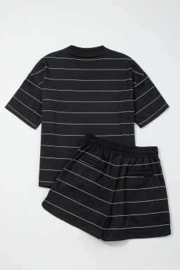 Black Stripe Half Sleeve Tee Drawstring Shorts 2pcs Set