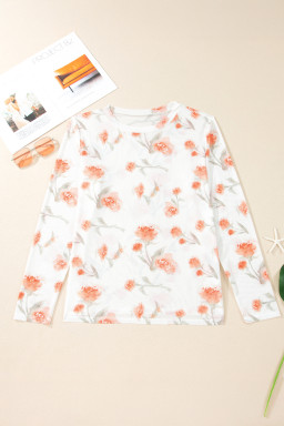 Red Plus Size Floral Print Sheer Mesh Long Sleeve Top
