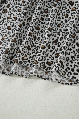 Beige Leopard Zip Front V Neck Cinched Waist Sleeveless Maxi Dress