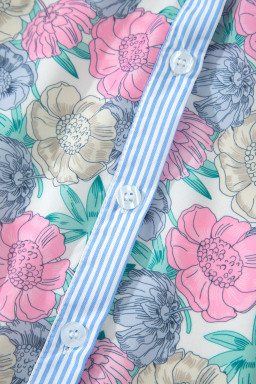 White Floral Print Striped Contrast Trim Belted Short Dress