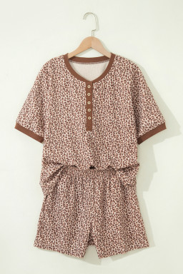 Brown Leopard Print Ribbed Patchwork Half Button Loose Tee Elastic Waist Short 2pcs Set