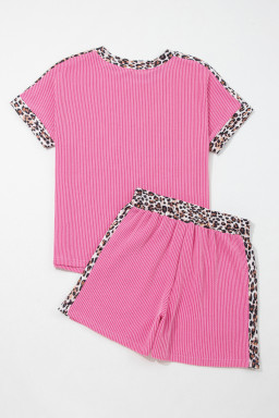 Sachet Pink Leopard Trim Twist Ribbed Short Set