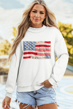 White Faux Patchwork Print USA Flag Double Side Printed Reversible Sweatshirt