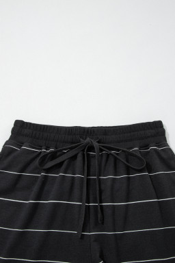 Black Stripe Half Sleeve Tee Drawstring Shorts 2pcs Set