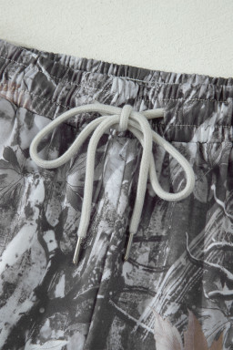 Gray Abstract Maple Leaf Printed Tie Elastic Waist Shorts