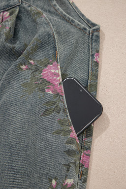 Gray Beau Floral Print Pleated High Waist Wide Leg Denim Jumpsuit