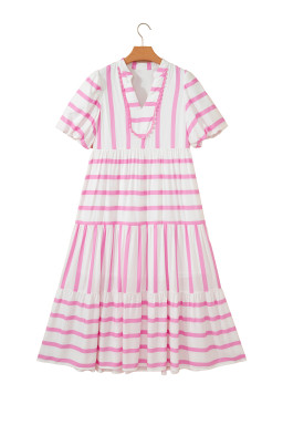 Pink Stripe Ricrac Trim Notched Neck Half Sleeve Vacation Dress