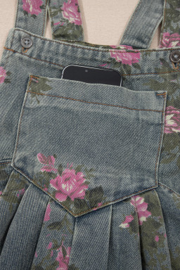 Gray Beau Floral Print Pleated High Waist Wide Leg Denim Jumpsuit