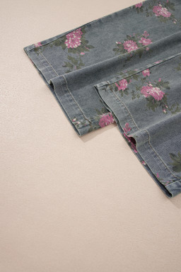 Gray Beau Floral Print Pleated High Waist Wide Leg Denim Jumpsuit