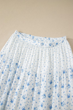 Sky Blue High Waist Tiny Floral Print Boho Maxi Skirt