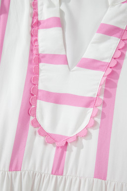 Pink Stripe Ricrac Trim Notched Neck Half Sleeve Vacation Dress