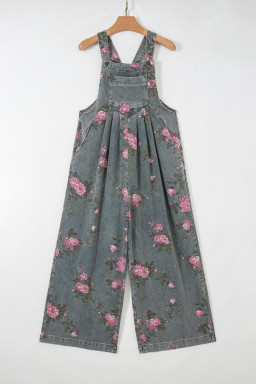 Gray Beau Floral Print Pleated High Waist Wide Leg Denim Jumpsuit